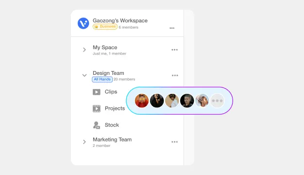 An illustration showing how organizations can provide each department or team with its own dedicated workspace within a single Video Collaboration Workspace. This allows the individual groups to organize their workspace and teamspaces as needed, enabling efficient communication and customized project management tailored to their specific requirements.